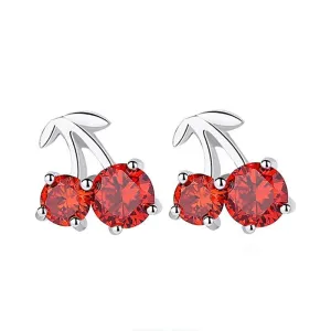 Romantic 925 Silver Red Cherry Stud Earrings for Women, Fashion Jewelry Anniversary Gift for Girls