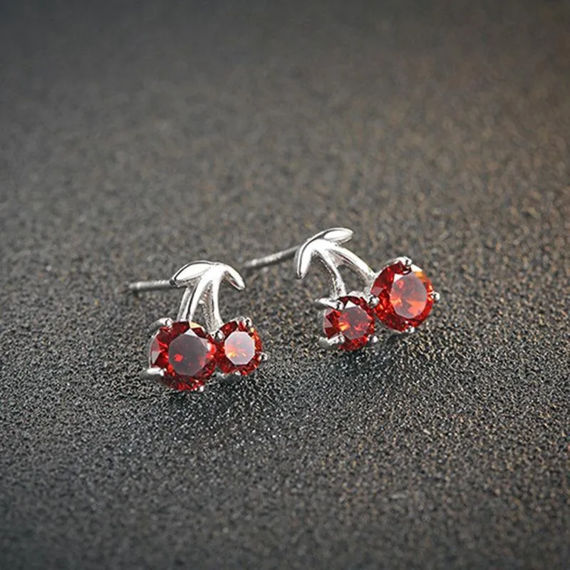Romantic 925 Silver Red Cherry Stud Earrings for Women, Fashion Jewelry Anniversary Gift for Girls