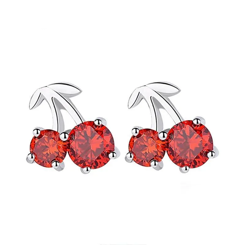 Romantic 925 Silver Red Cherry Stud Earrings for Women, Fashion Jewelry Anniversary Gift for Girls