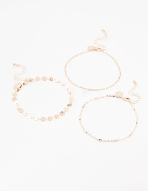 Rose Gold Disc Chain Diamante Anklets 3-Pack