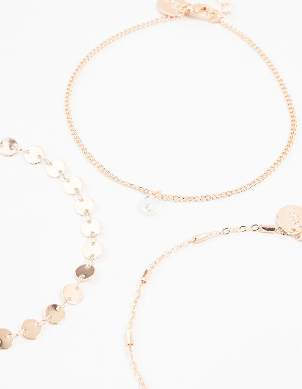Rose Gold Disc Chain Diamante Anklets 3-Pack