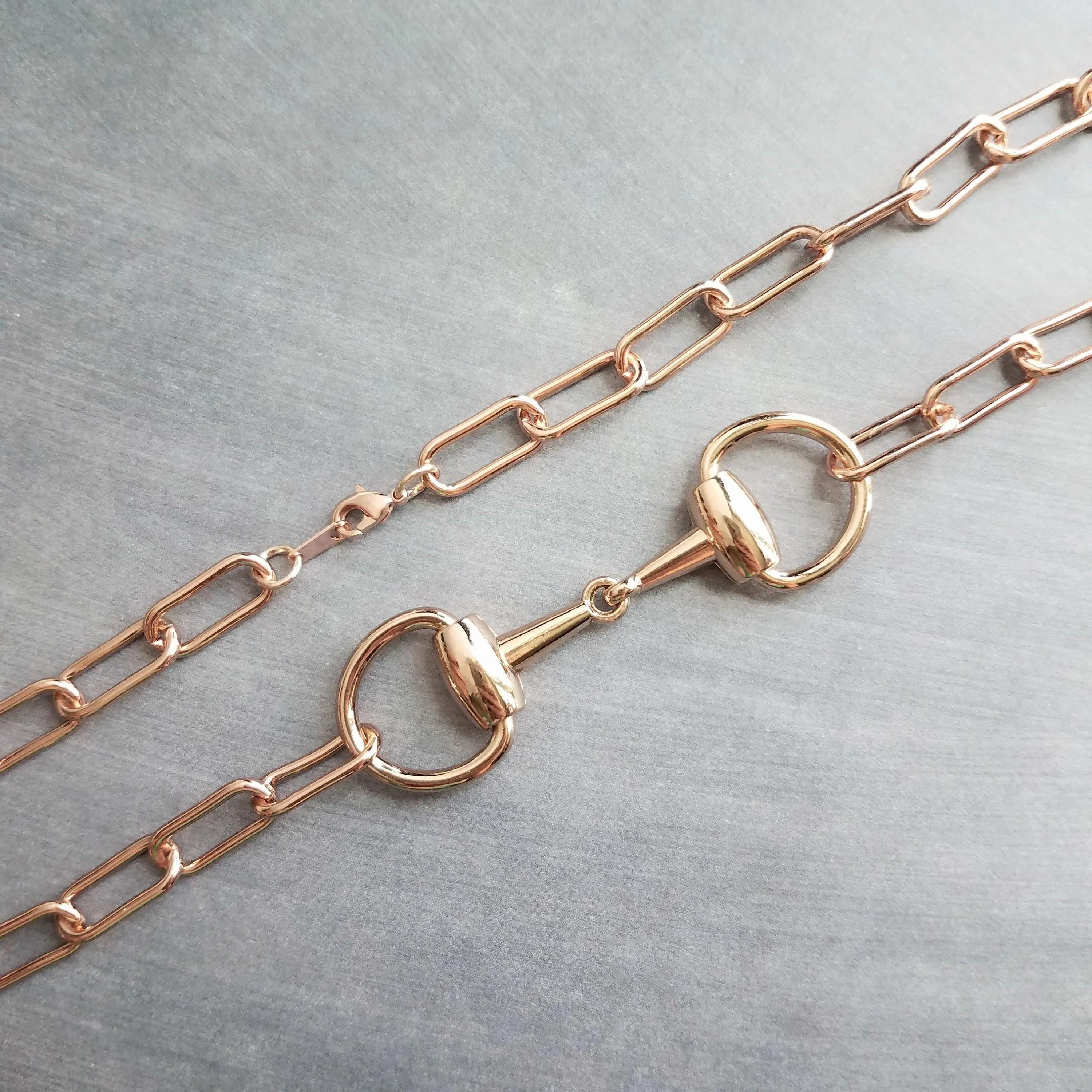 Rose Gold Snaffle Bit Necklace, chunky rose gold chain, equestrian necklace, rose gold horse necklace D ring thick rose gold paperclip chain