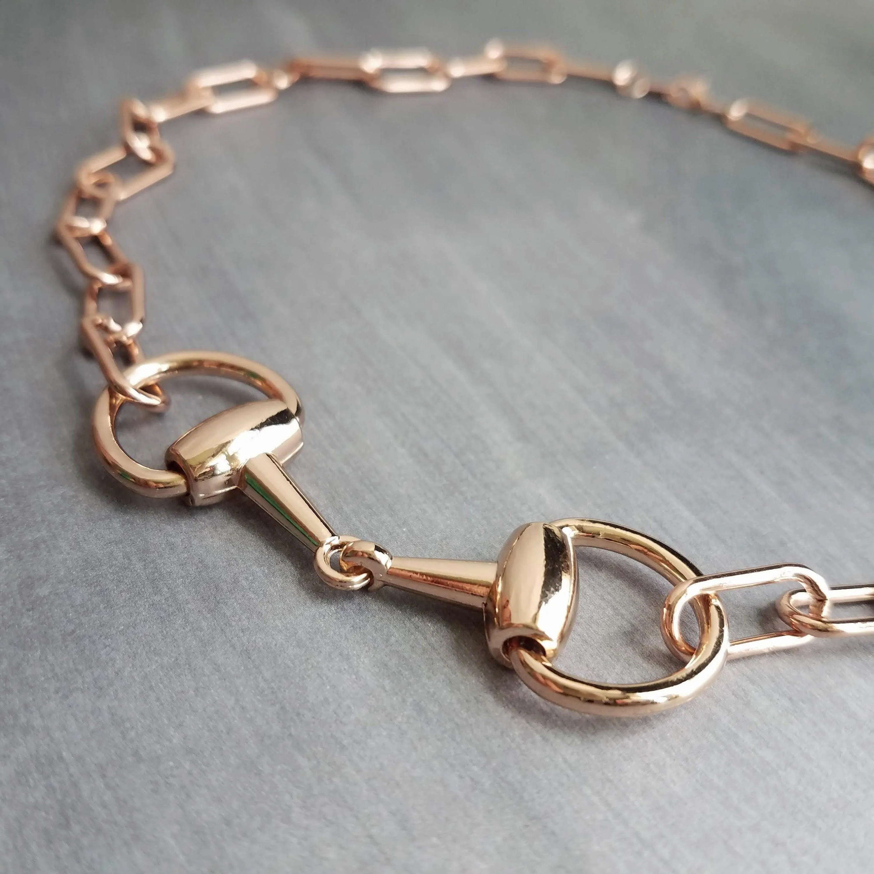 Rose Gold Snaffle Bit Necklace, chunky rose gold chain, equestrian necklace, rose gold horse necklace D ring thick rose gold paperclip chain