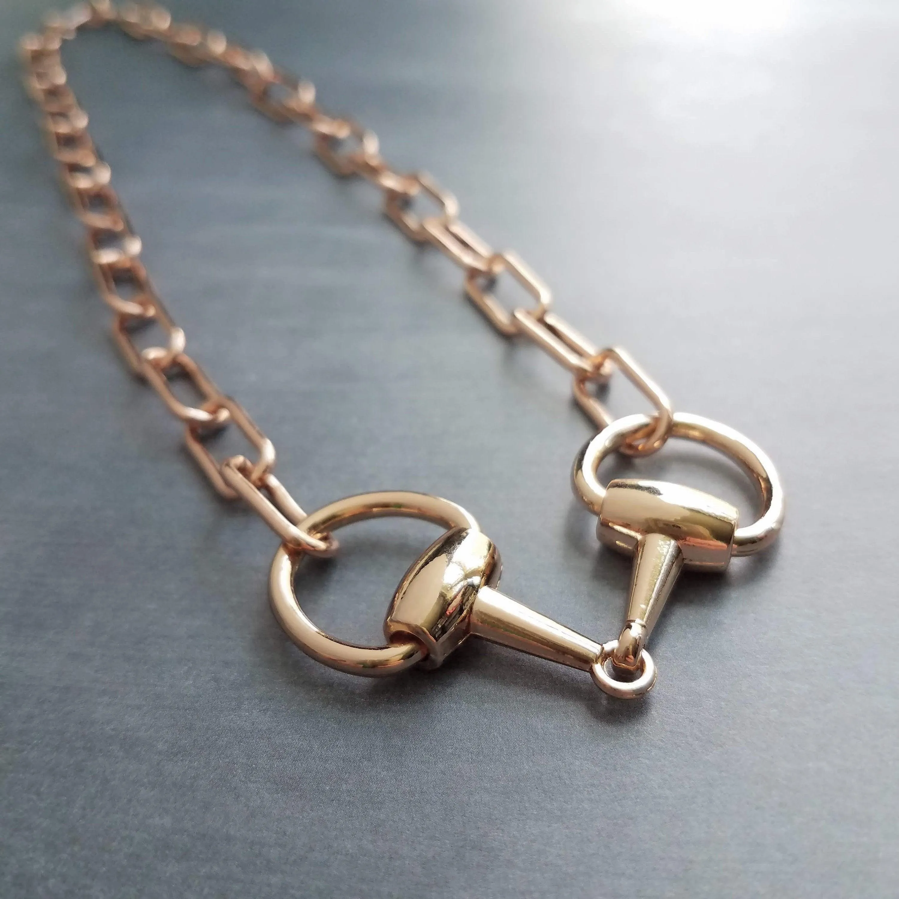 Rose Gold Snaffle Bit Necklace, chunky rose gold chain, equestrian necklace, rose gold horse necklace D ring thick rose gold paperclip chain