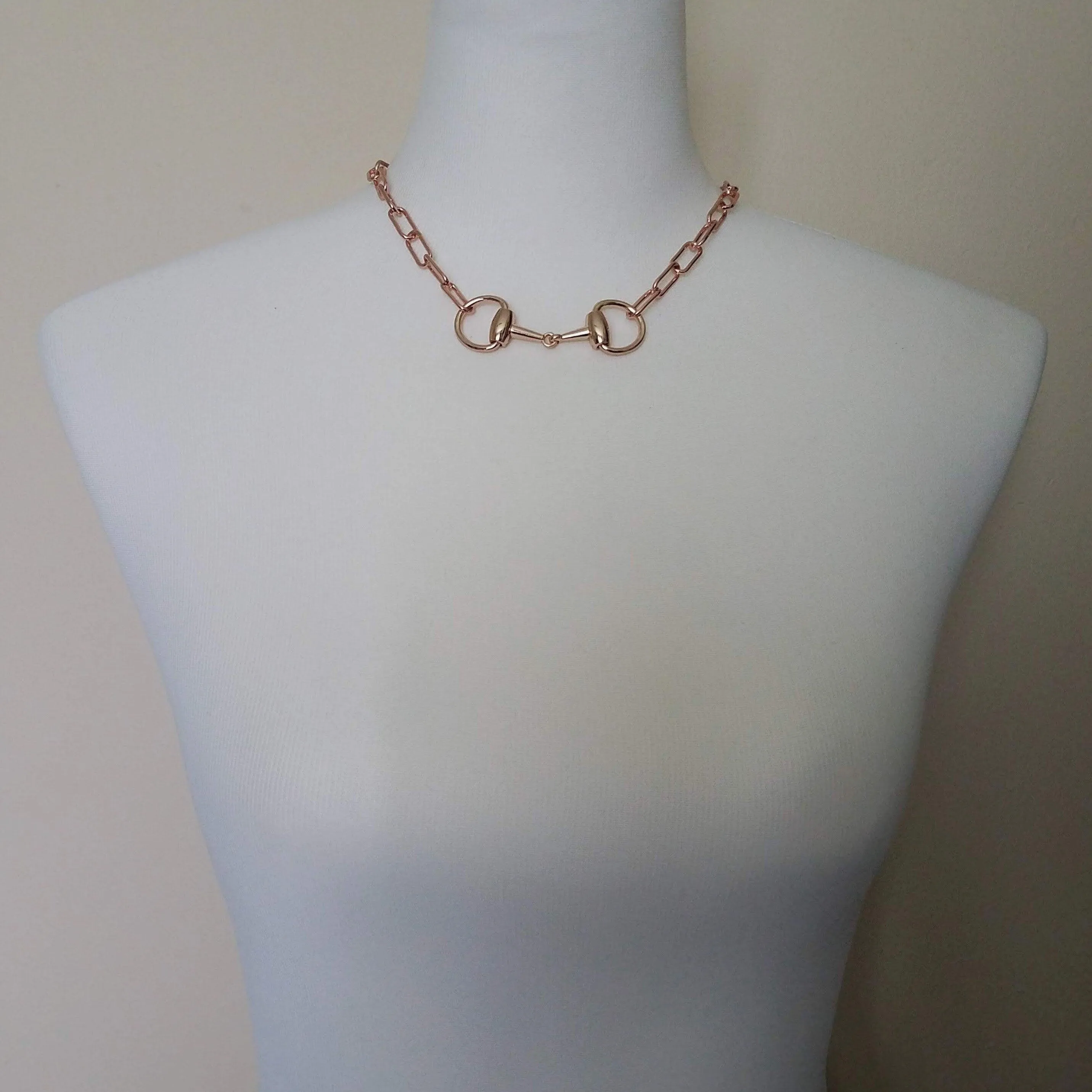 Rose Gold Snaffle Bit Necklace, chunky rose gold chain, equestrian necklace, rose gold horse necklace D ring thick rose gold paperclip chain