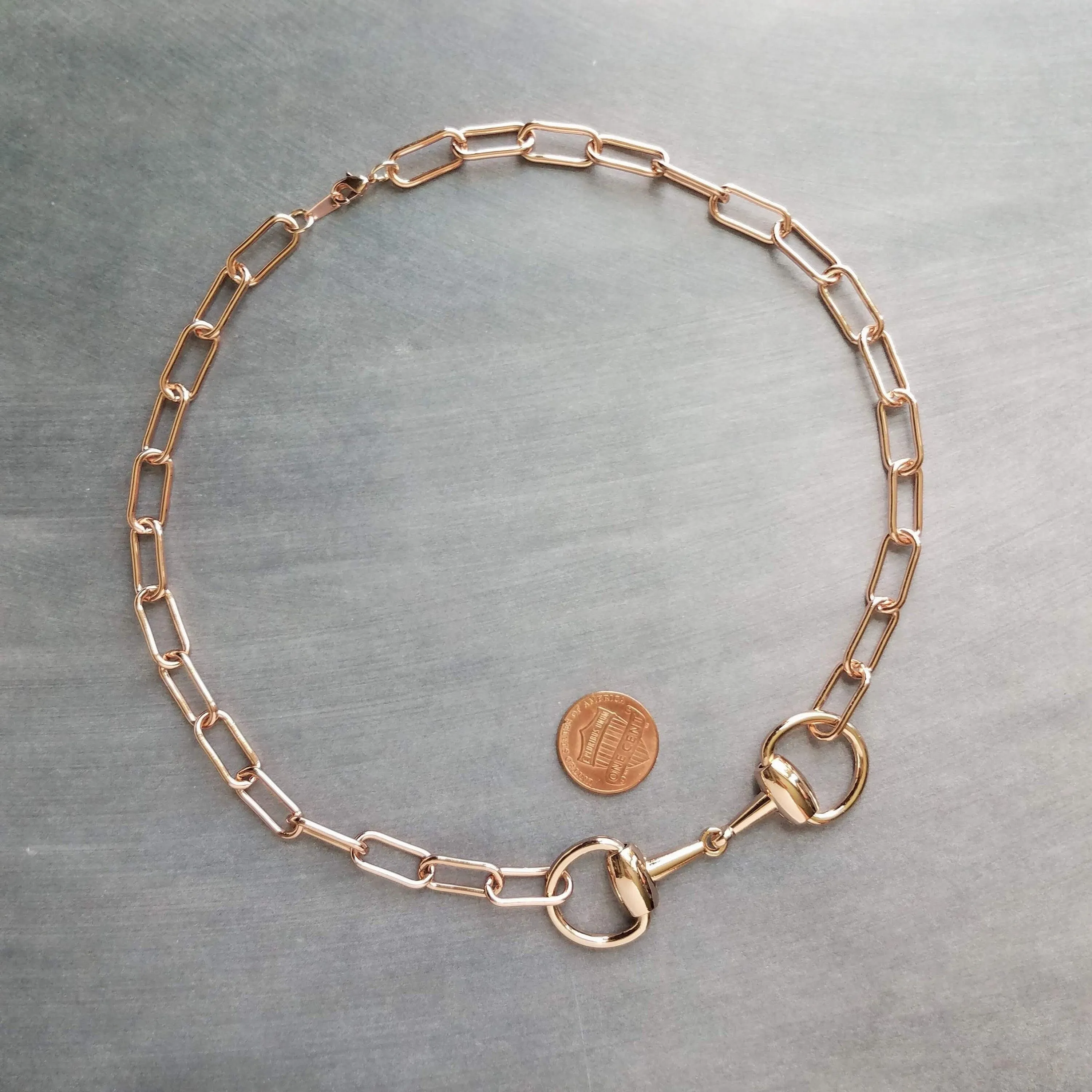 Rose Gold Snaffle Bit Necklace, chunky rose gold chain, equestrian necklace, rose gold horse necklace D ring thick rose gold paperclip chain