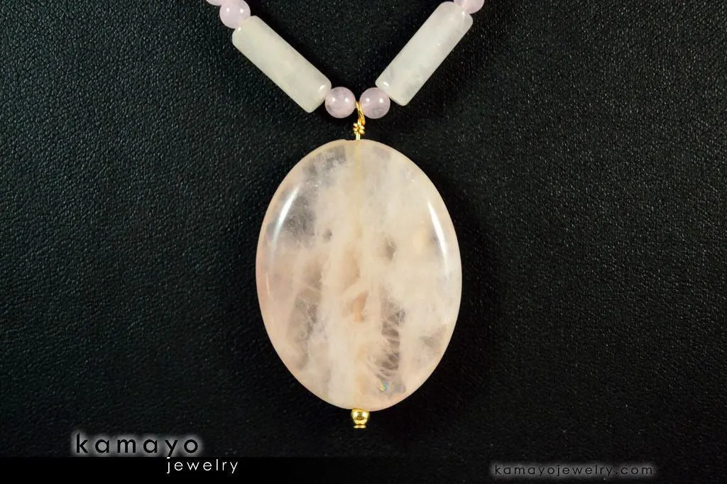 ROSE QUARTZ NECKLACE - Large Oval Pendant and Natural Beads