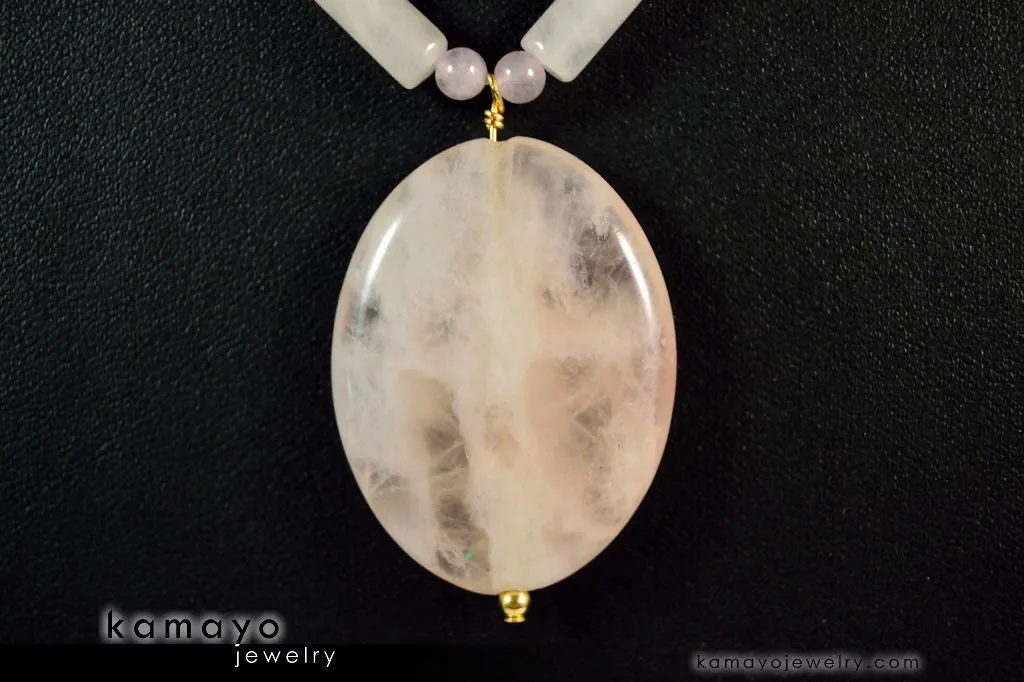 ROSE QUARTZ NECKLACE - Large Oval Pendant and Natural Beads