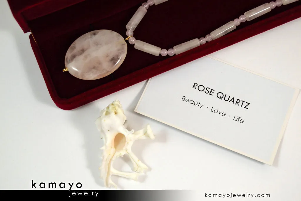 ROSE QUARTZ NECKLACE - Large Oval Pendant and Natural Beads