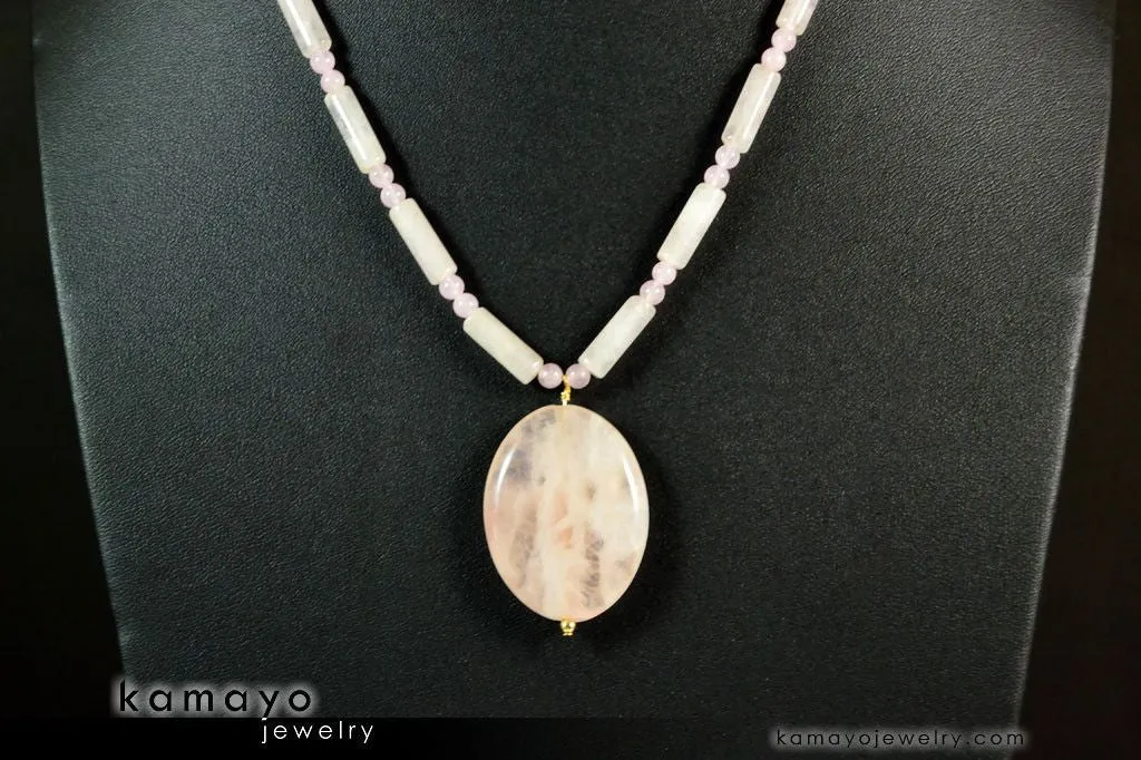 ROSE QUARTZ NECKLACE - Large Oval Pendant and Natural Beads