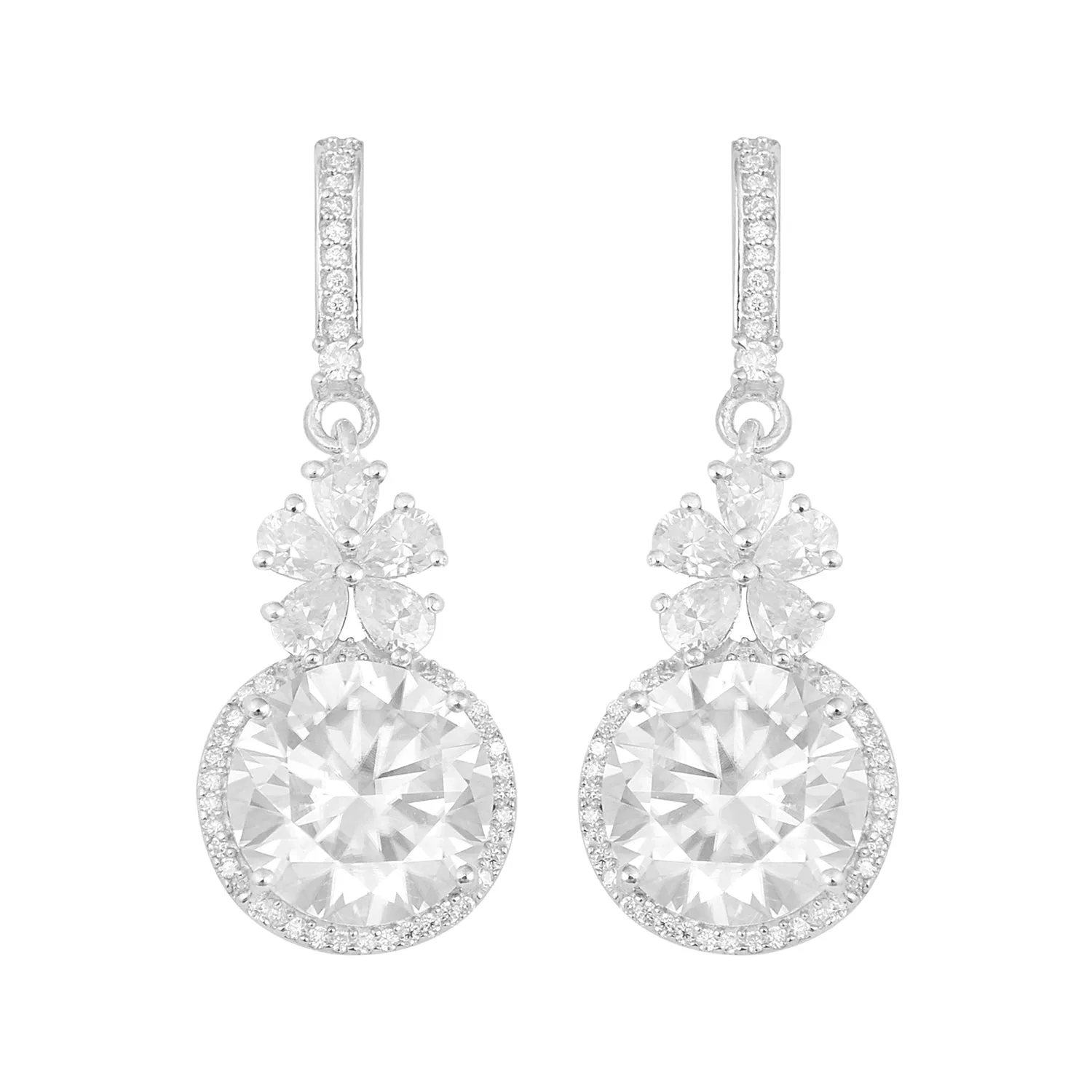 Round Moissanite 925 Sterling Silver Flower Design Halo Woman Dangle Earrings
