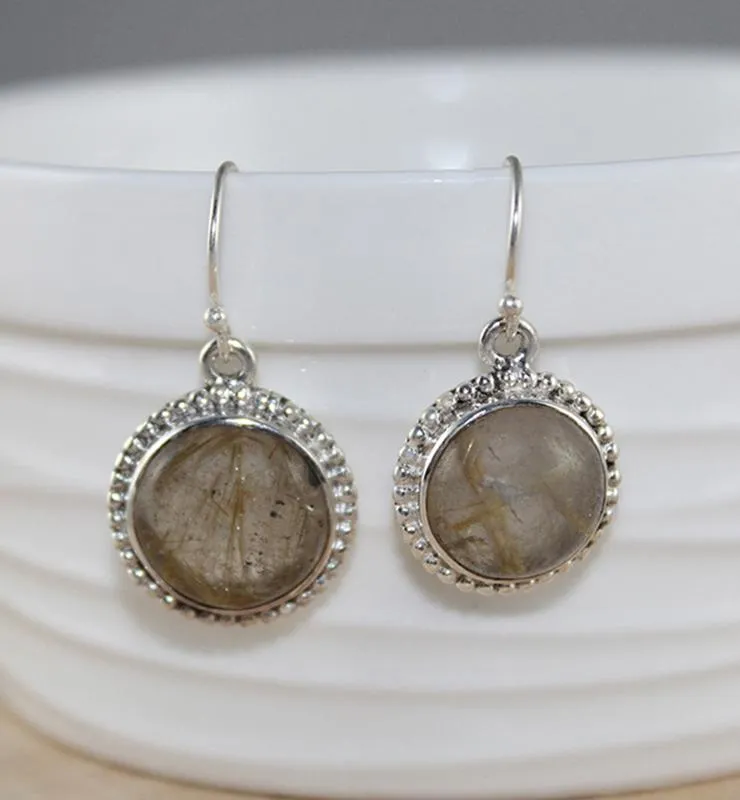 Round Rutile Drop Earrings
