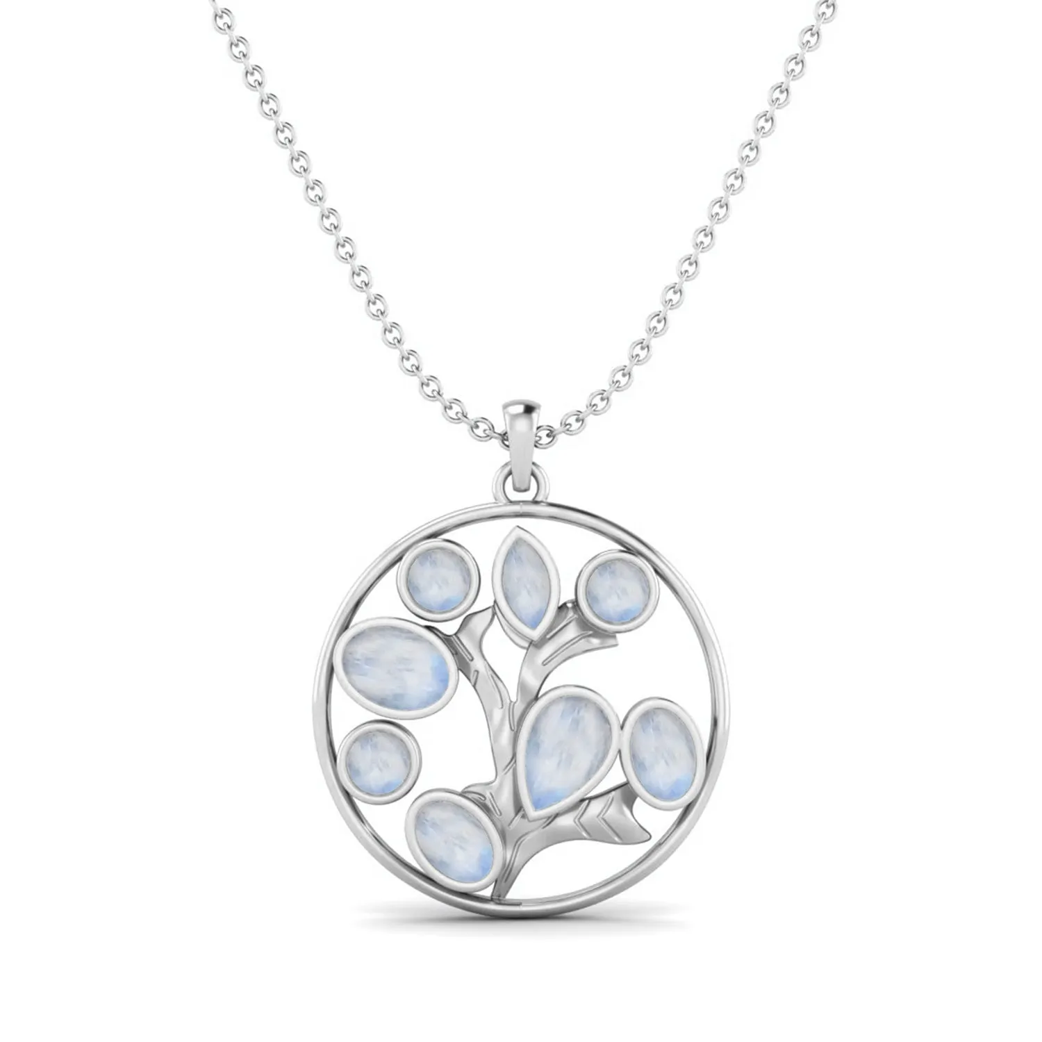 Round Shape Moonstone Life Tree Pendant Necklace Dainty Chain Pendant in 925 Sterling Silver
