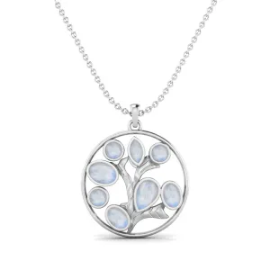 Round Shape Moonstone Life Tree Pendant Necklace Dainty Chain Pendant in 925 Sterling Silver