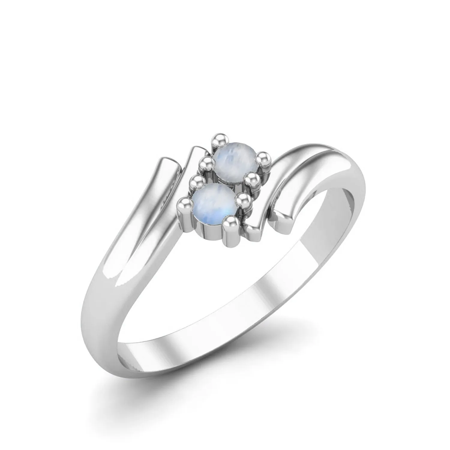 Round Shaped Moonstone Bypass Shank Ring 925 Sterling Silver Two Stone Wedding Ring
