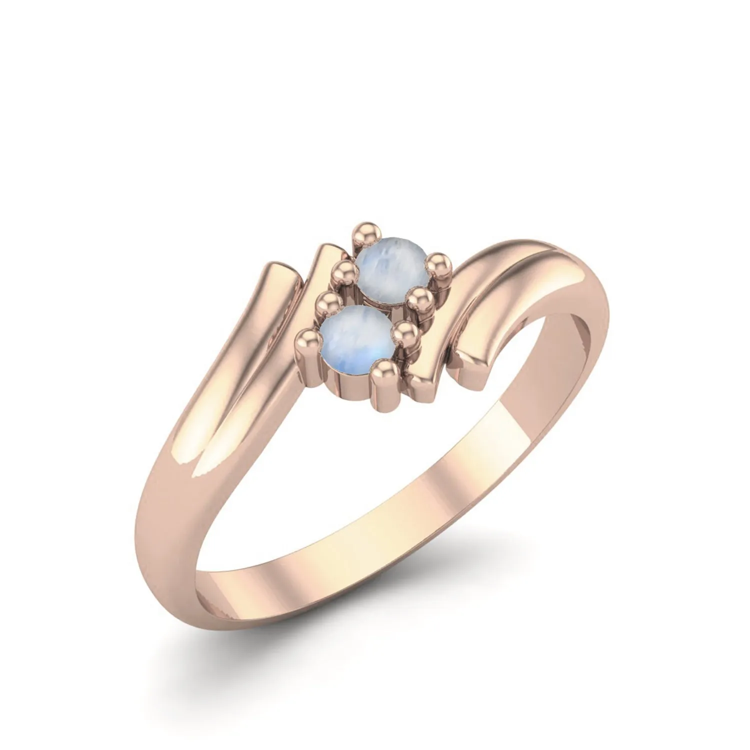 Round Shaped Moonstone Bypass Shank Ring 925 Sterling Silver Two Stone Wedding Ring