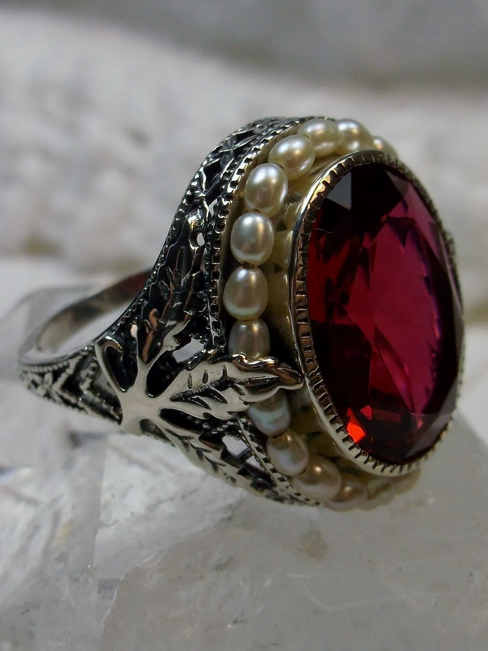 Ruby & Pearl Ring, Garden Leaf Silver Filigree, Victorian Jewelry #D156