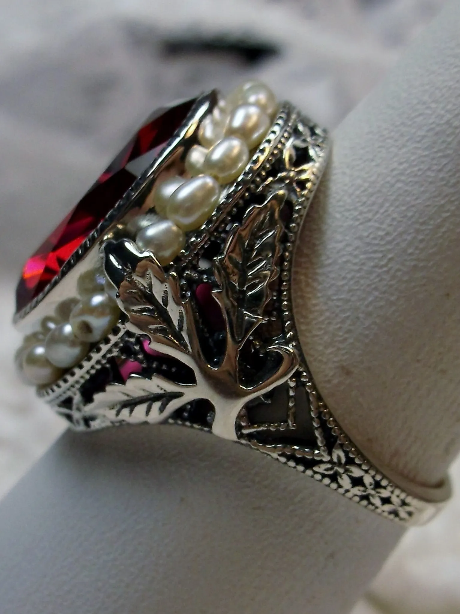 Ruby & Pearl Ring, Garden Leaf Silver Filigree, Victorian Jewelry #D156