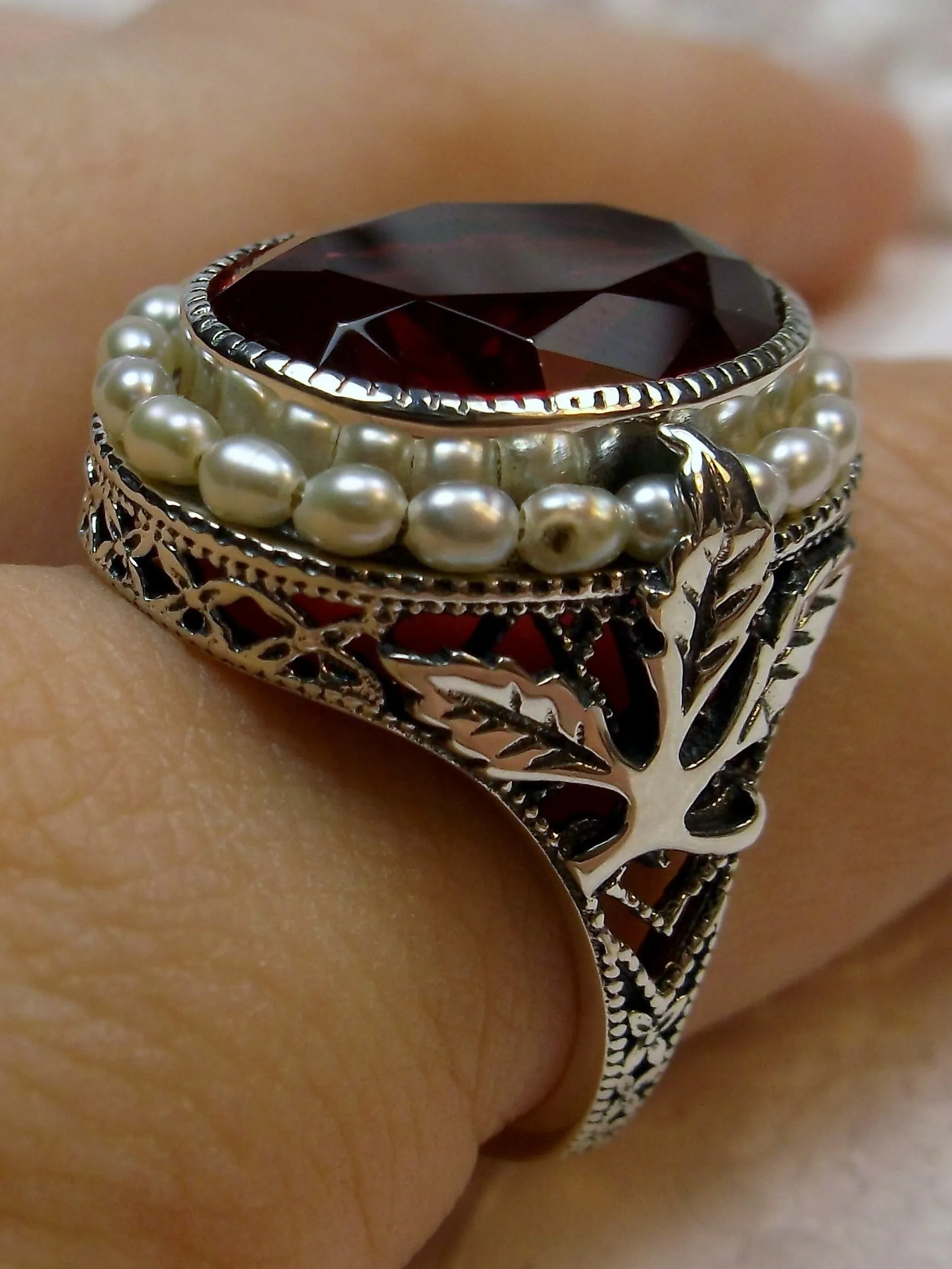 Ruby & Pearl Ring, Garden Leaf Silver Filigree, Victorian Jewelry #D156