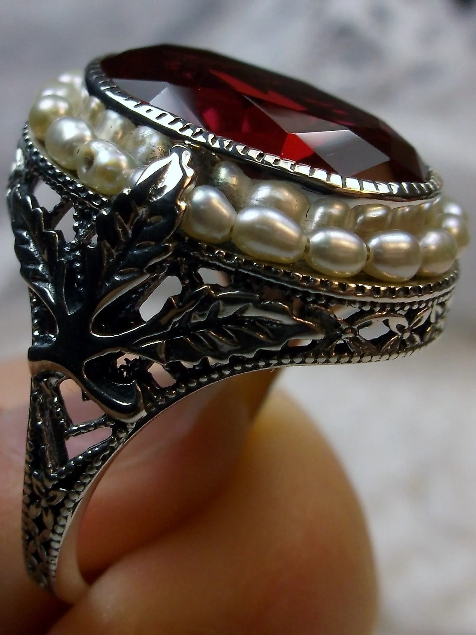 Ruby & Pearl Ring, Garden Leaf Silver Filigree, Victorian Jewelry #D156