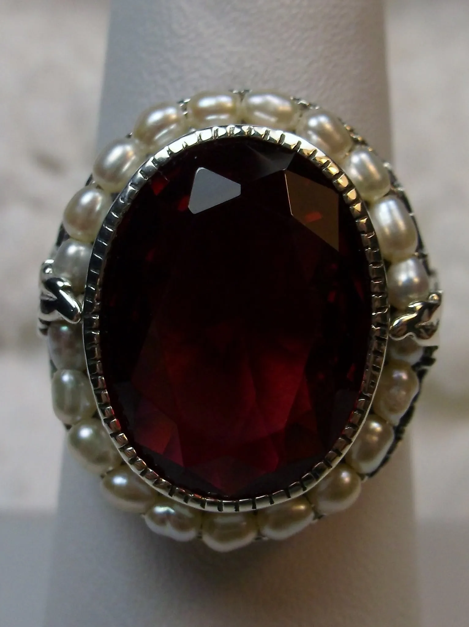Ruby & Pearl Ring, Garden Leaf Silver Filigree, Victorian Jewelry #D156