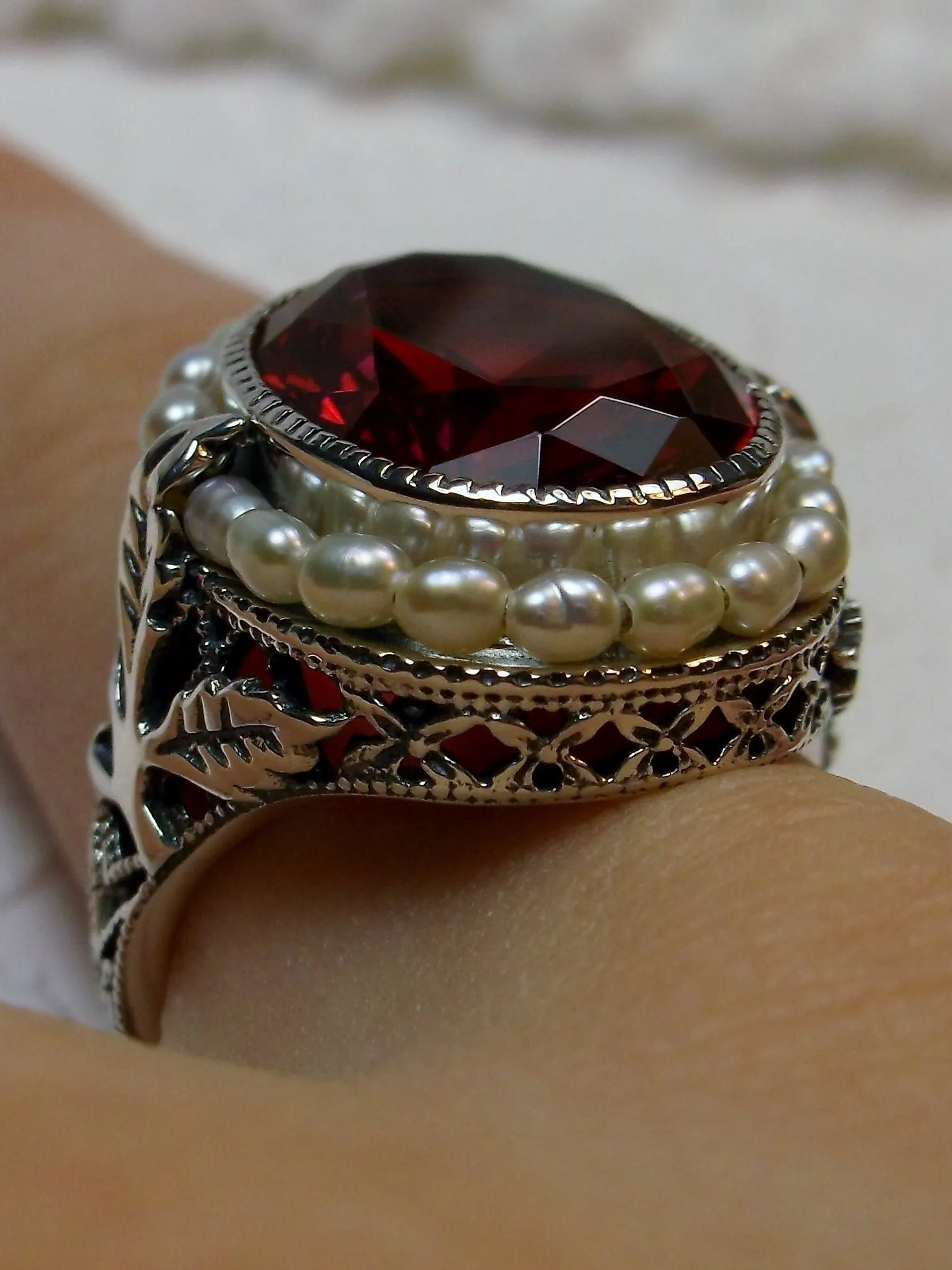 Ruby & Pearl Ring, Garden Leaf Silver Filigree, Victorian Jewelry #D156