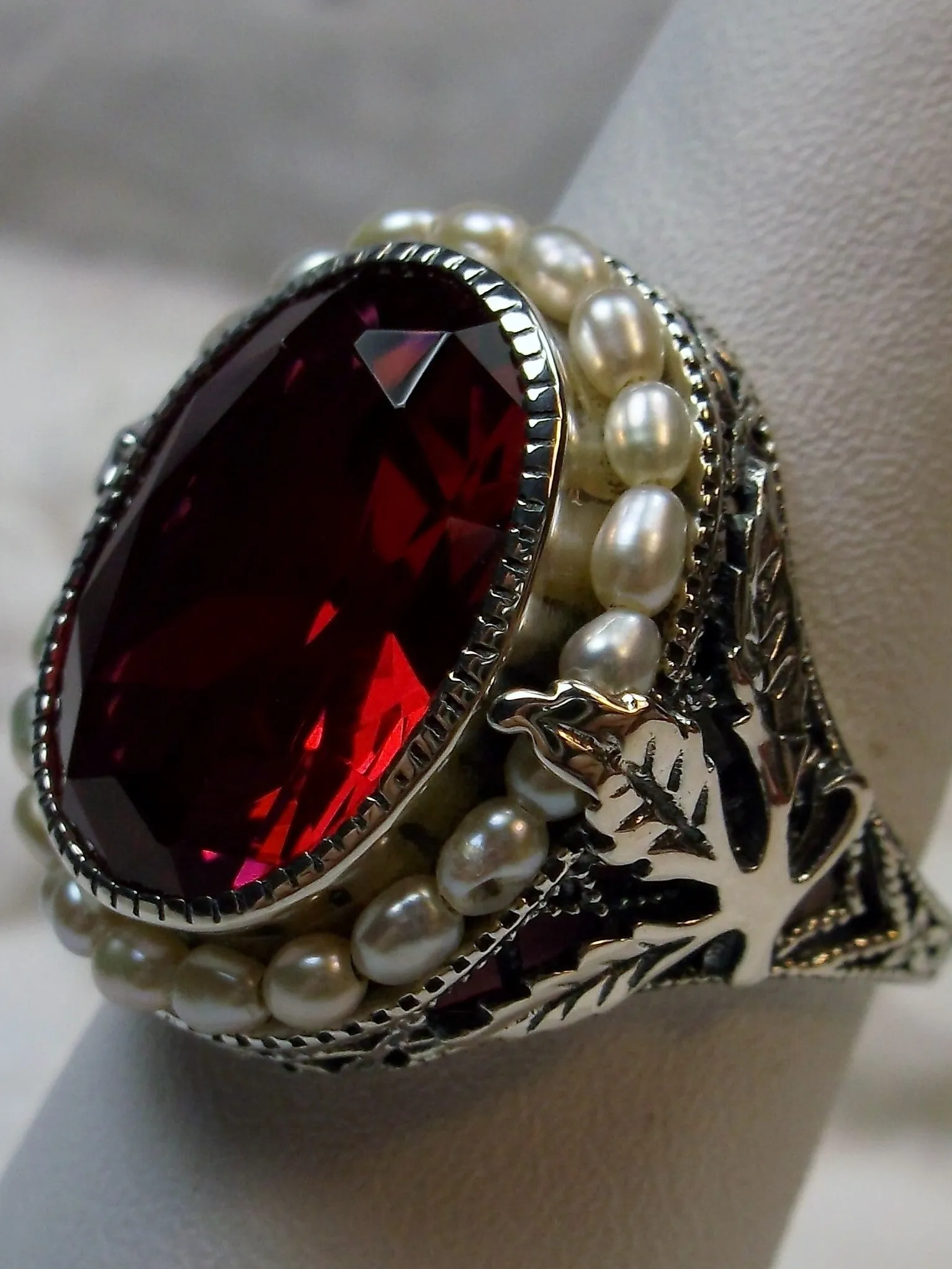 Ruby & Pearl Ring, Garden Leaf Silver Filigree, Victorian Jewelry #D156
