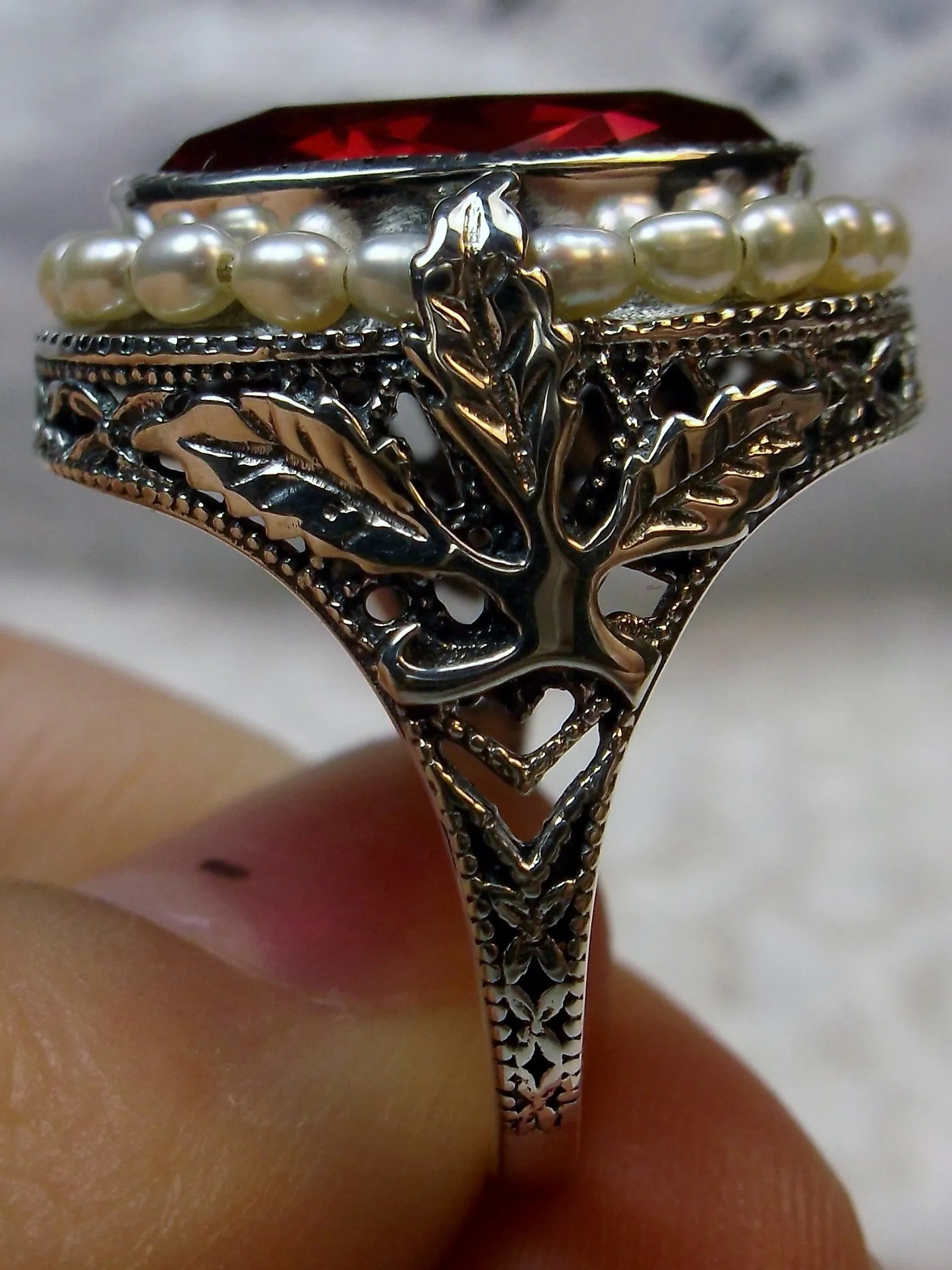 Ruby & Pearl Ring, Garden Leaf Silver Filigree, Victorian Jewelry #D156