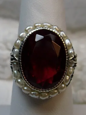 Ruby & Pearl Ring, Garden Leaf Silver Filigree, Victorian Jewelry #D156