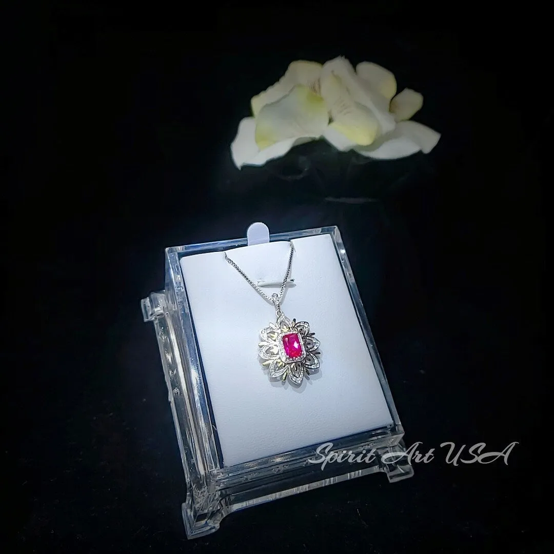 Ruby Necklace -Water Lily Flower Pendant - White Yellow Gold Plated Sterling Silver - 1 CT  Ruby Pendant - Goddess Athena Necklace #560