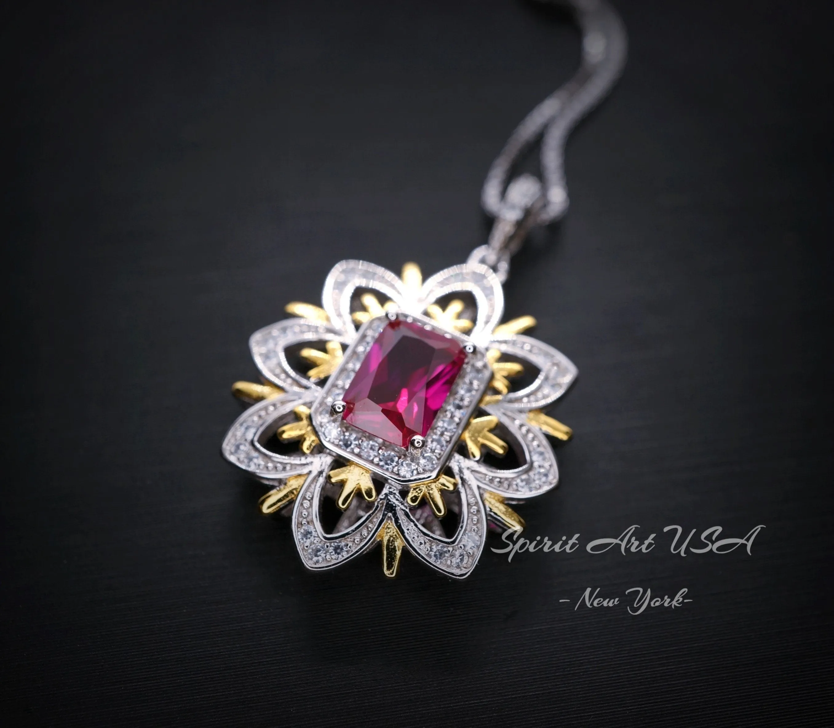 Ruby Necklace -Water Lily Flower Pendant - White Yellow Gold Plated Sterling Silver - 1 CT  Ruby Pendant - Goddess Athena Necklace #560