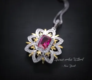 Ruby Necklace -Water Lily Flower Pendant - White Yellow Gold Plated Sterling Silver - 1 CT  Ruby Pendant - Goddess Athena Necklace #560