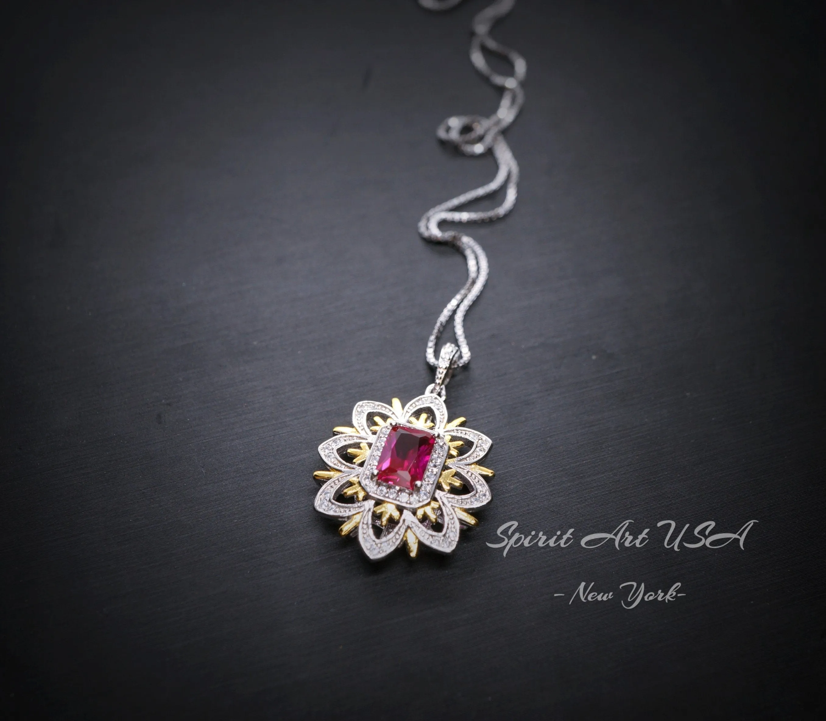 Ruby Necklace -Water Lily Flower Pendant - White Yellow Gold Plated Sterling Silver - 1 CT  Ruby Pendant - Goddess Athena Necklace #560