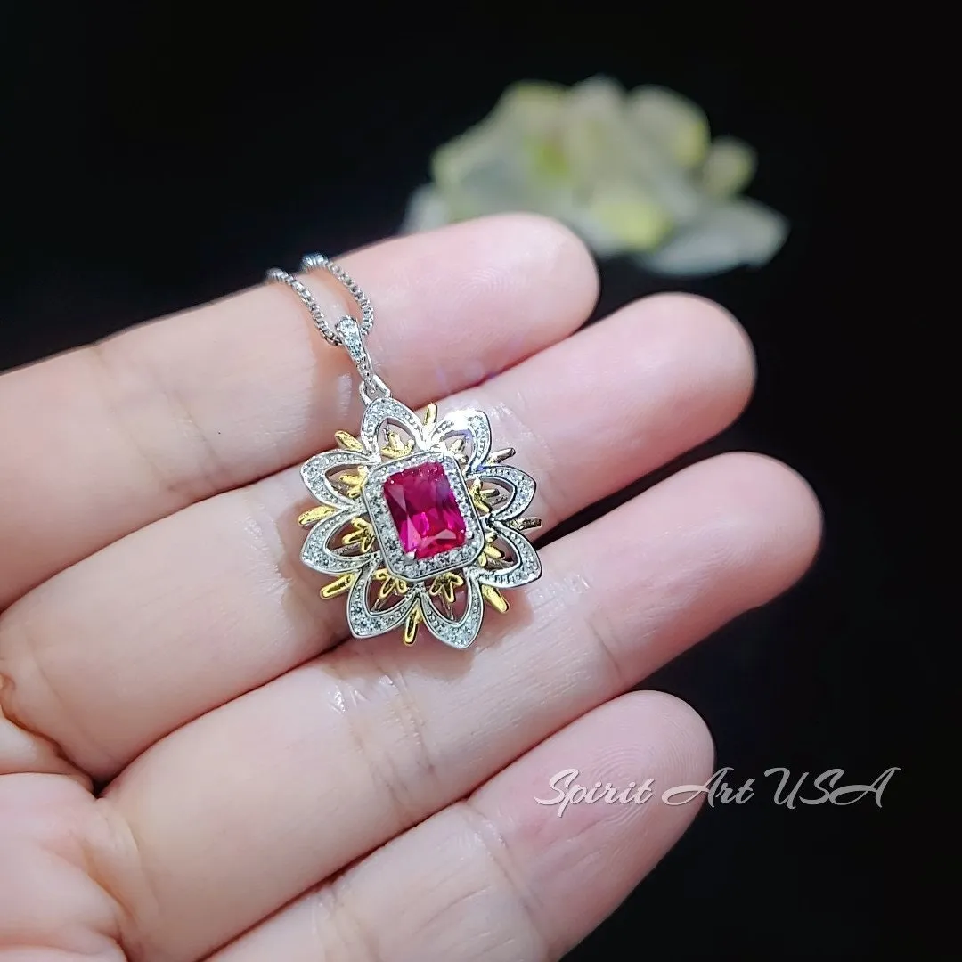 Ruby Necklace -Water Lily Flower Pendant - White Yellow Gold Plated Sterling Silver - 1 CT  Ruby Pendant - Goddess Athena Necklace #560