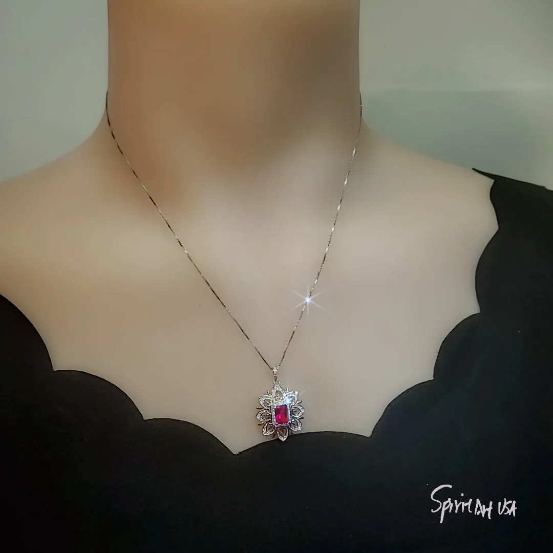 Ruby Necklace -Water Lily Flower Pendant - White Yellow Gold Plated Sterling Silver - 1 CT  Ruby Pendant - Goddess Athena Necklace #560