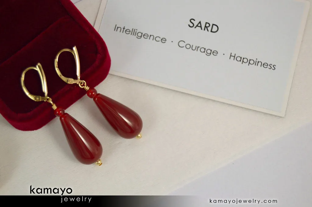 SARD EARRINGS - Large Drop Ear Rings for Women - Red Teardrop Pendant - 14K Gold Filled Leverback