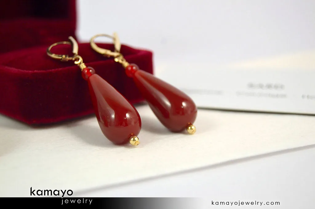 SARD EARRINGS - Large Drop Ear Rings for Women - Red Teardrop Pendant - 14K Gold Filled Leverback