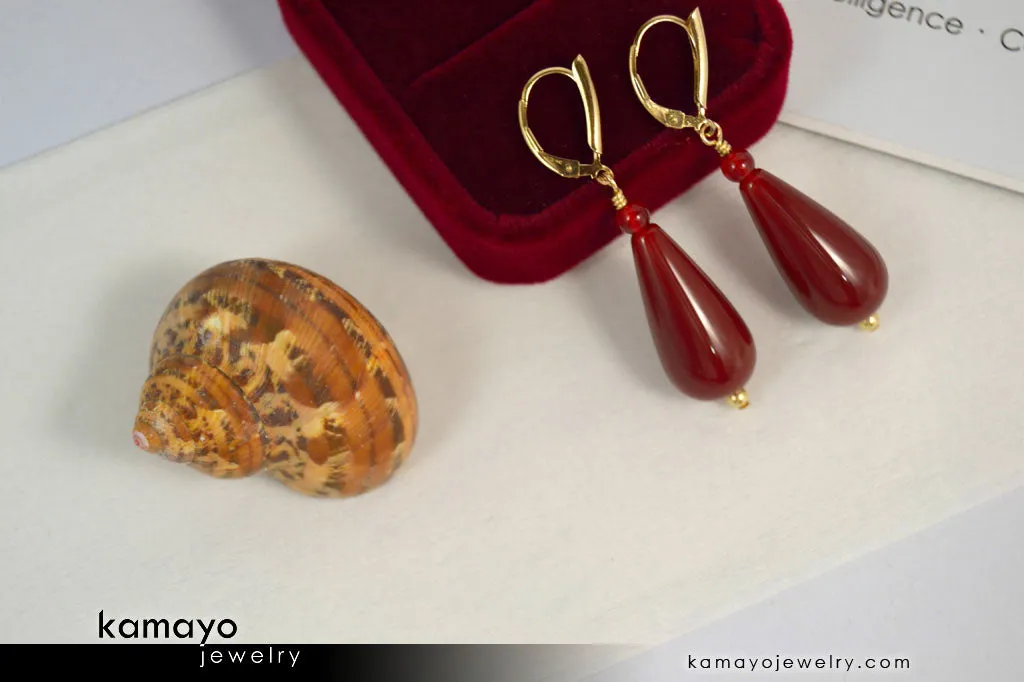 SARD EARRINGS - Large Drop Ear Rings for Women - Red Teardrop Pendant - 14K Gold Filled Leverback