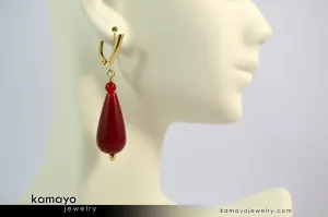 SARD EARRINGS - Large Drop Ear Rings for Women - Red Teardrop Pendant - 14K Gold Filled Leverback