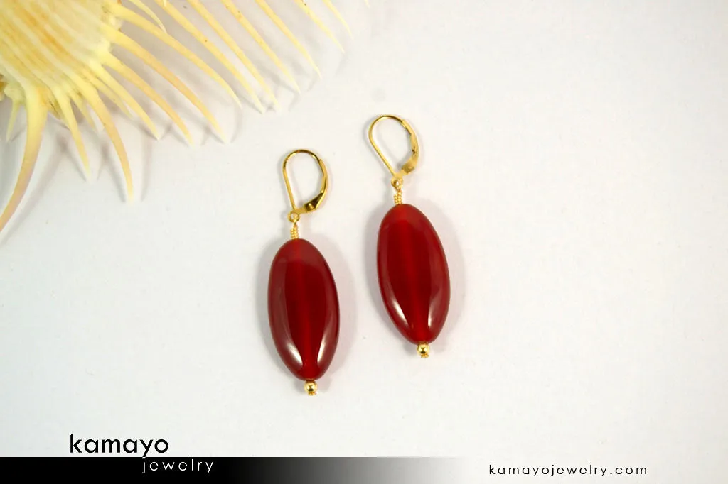 SARD EARRINGS - Long Drop Ear Rings for Women - Red Oval Pendant - 14K Gold Filled Leverback