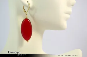 SARD EARRINGS - Long Drop Ear Rings for Women - Red Oval Pendant - 14K Gold Filled Leverback