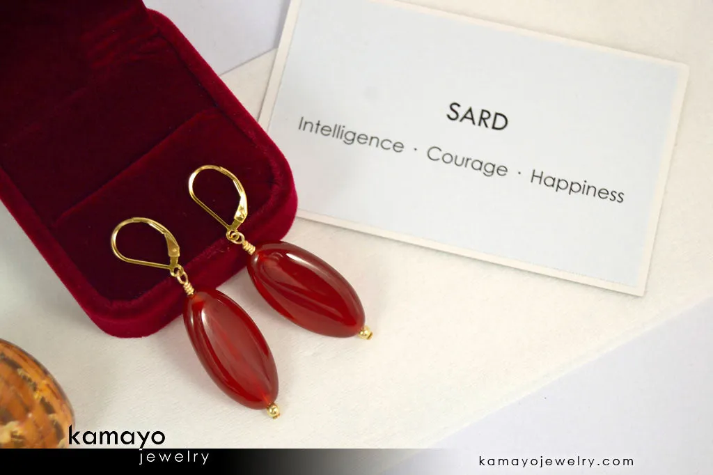 SARD EARRINGS - Long Drop Ear Rings for Women - Red Oval Pendant - 14K Gold Filled Leverback
