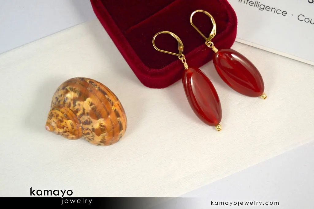 SARD EARRINGS - Long Drop Ear Rings for Women - Red Oval Pendant - 14K Gold Filled Leverback
