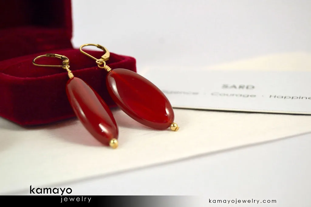 SARD EARRINGS - Long Drop Ear Rings for Women - Red Oval Pendant - 14K Gold Filled Leverback