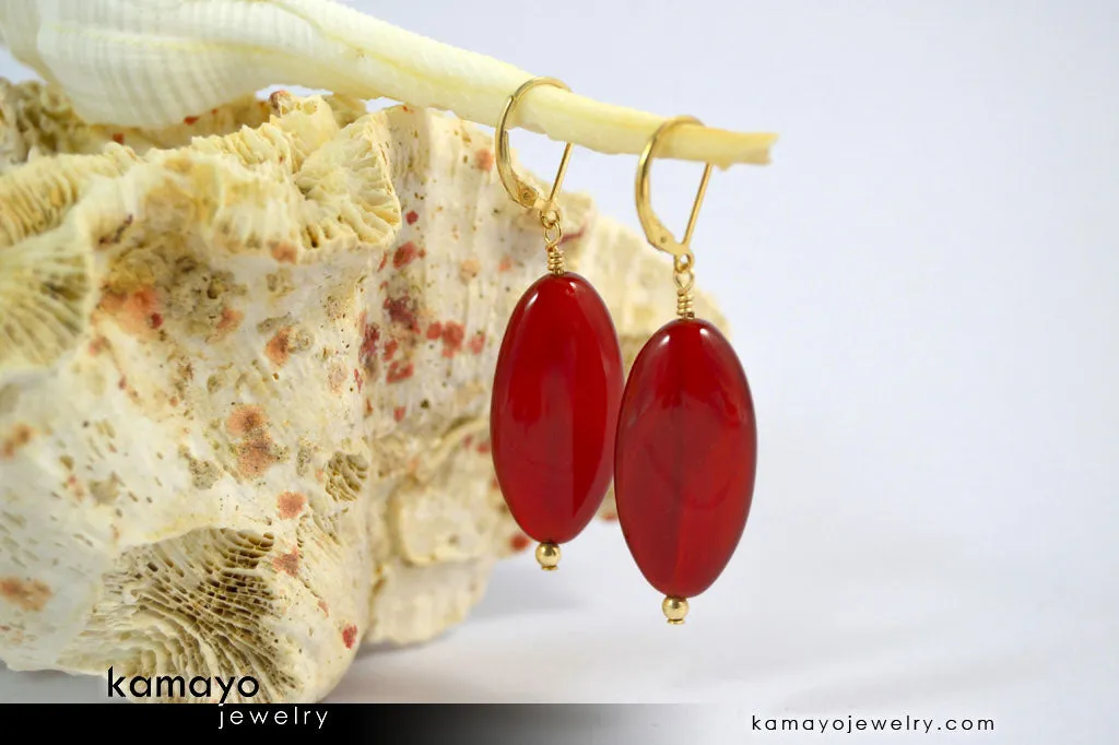 SARD EARRINGS - Long Drop Ear Rings for Women - Red Oval Pendant - 14K Gold Filled Leverback