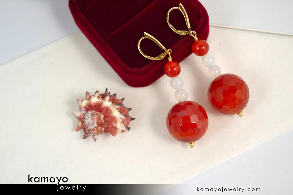 SARDONYX EARRINGS - Beaded Dangle Ear Rings for Women - Large Red Ball Pendant and White Beads - 14K Gold Filled Leverback