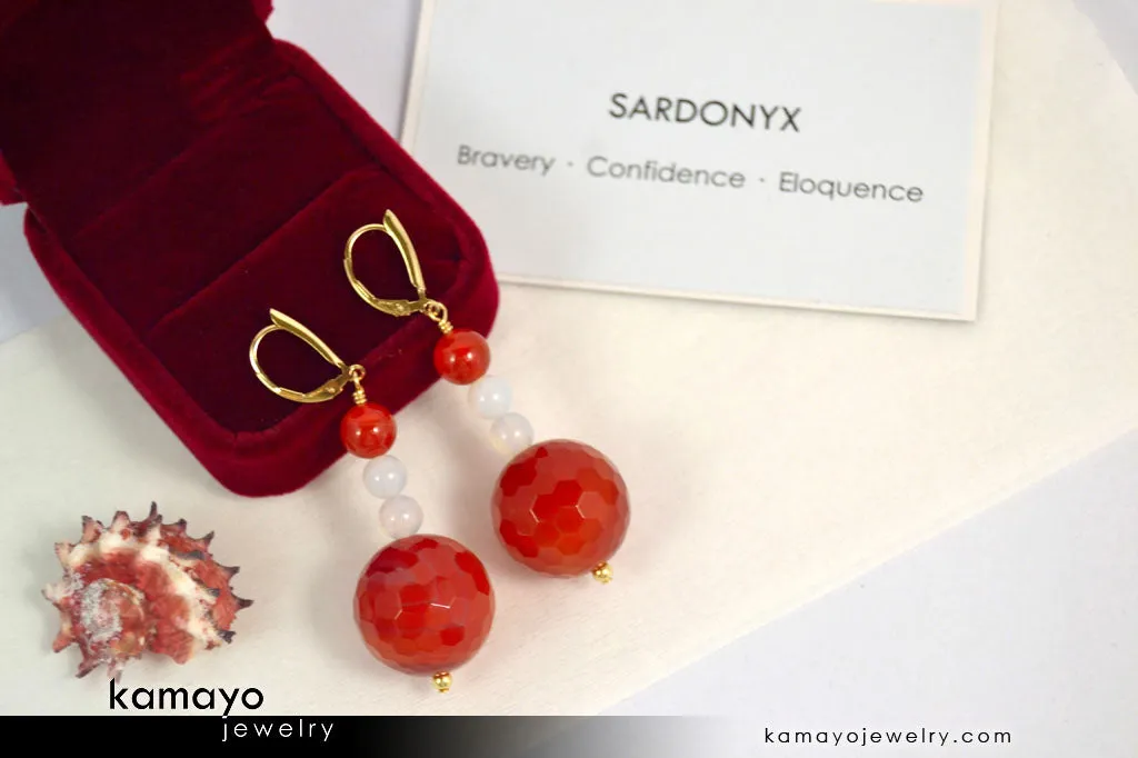 SARDONYX EARRINGS - Beaded Dangle Ear Rings for Women - Large Red Ball Pendant and White Beads - 14K Gold Filled Leverback