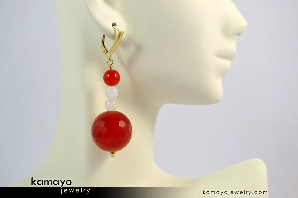 SARDONYX EARRINGS - Beaded Dangle Ear Rings for Women - Large Red Ball Pendant and White Beads - 14K Gold Filled Leverback