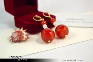 SARDONYX EARRINGS - Beaded Dangle Ear Rings for Women - Large Red Ball Pendant and White Beads - 14K Gold Filled Leverback