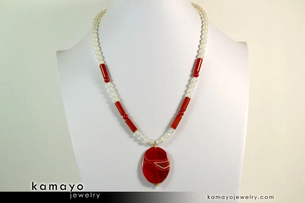 SARDONYX NECKLACE - Large Oval Red Sardonyx Pendant and White Onyx Beads